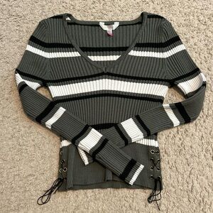 No Boundaries Striped V-Neck Sweater in Green, Black, and White
